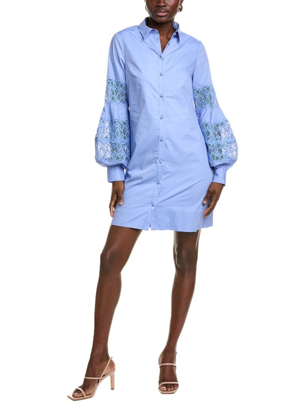 Blue Button-Front Shirt Dress with Embroidered Balloon Sleeves